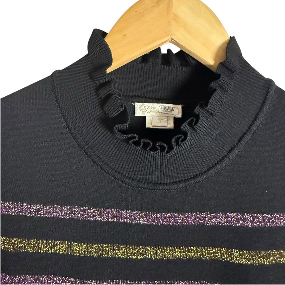 Shoshanna Evette Black Striped Knit Long Sleeve Ruffle Mock Neck Sweater Dress S - Picture 8 of 14